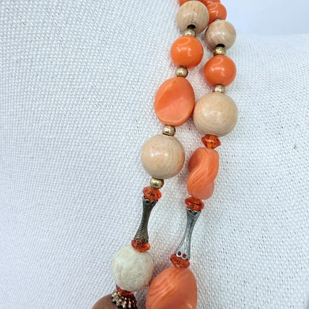 Arthur Pepper Vintage Necklace Double Strand Wood Stone Coral‎ Bead Mid Mod